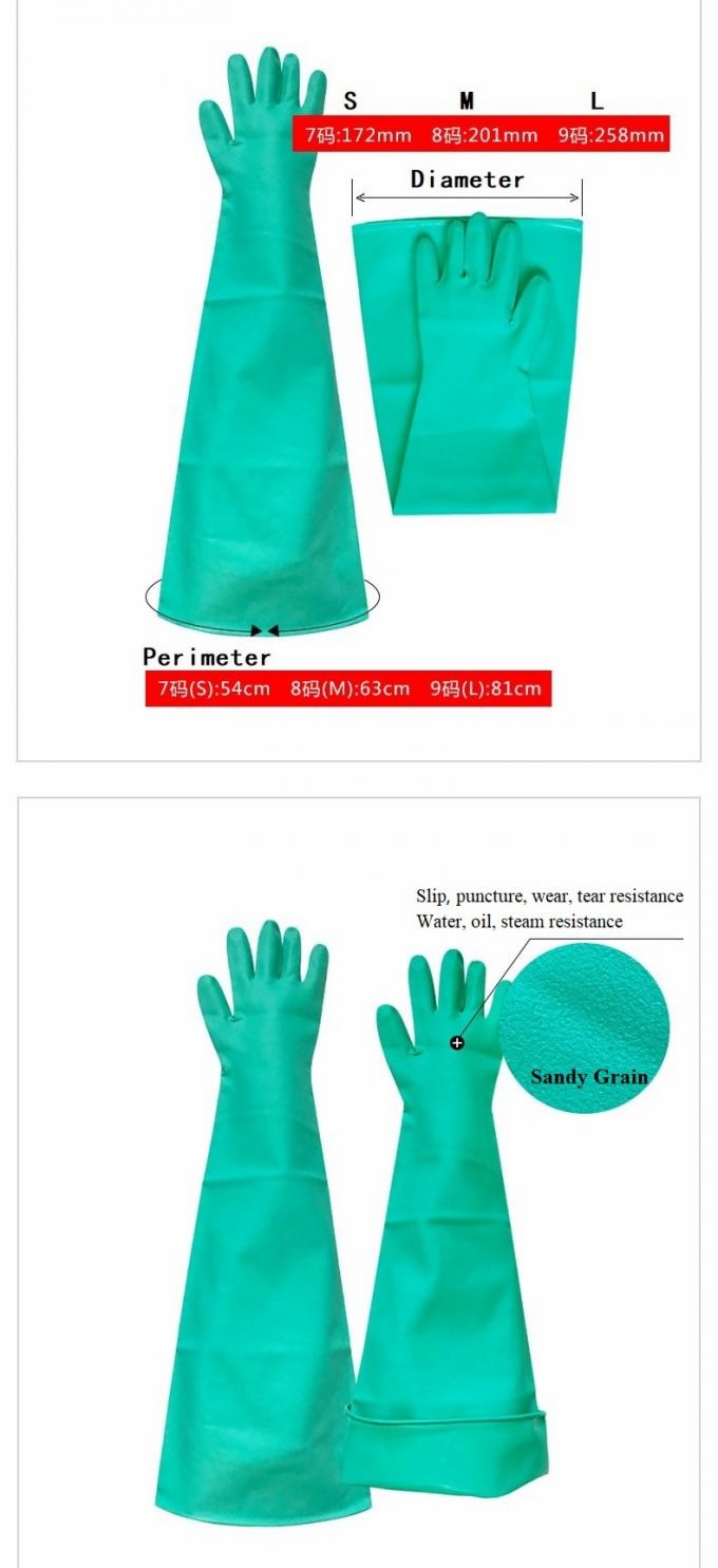 Long Cuff Green Nitrile Chemical Resistant Gloves 80cm Dry Glove Box Cleaning